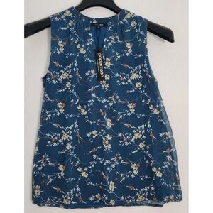 Papermoon Top Blouse Shirt Polyester Sleeveless  XS Blue Floral New Lined